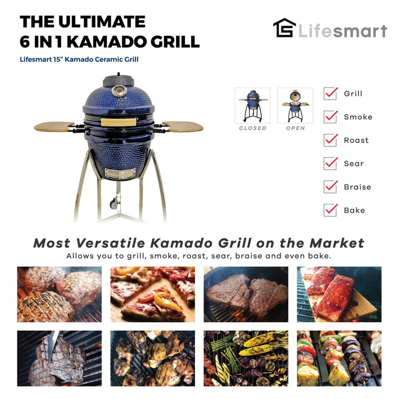 15 Kamado Ceramic Grill with Stainless Steel Cart with Free Grilling Accessories in Blue