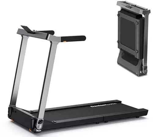 Both folded and upright Denise Austin 2.0 Foldable Treadmill on white background.