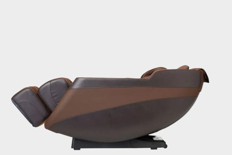 Brown R8316 2D massage chair on white background in fully reclined position.