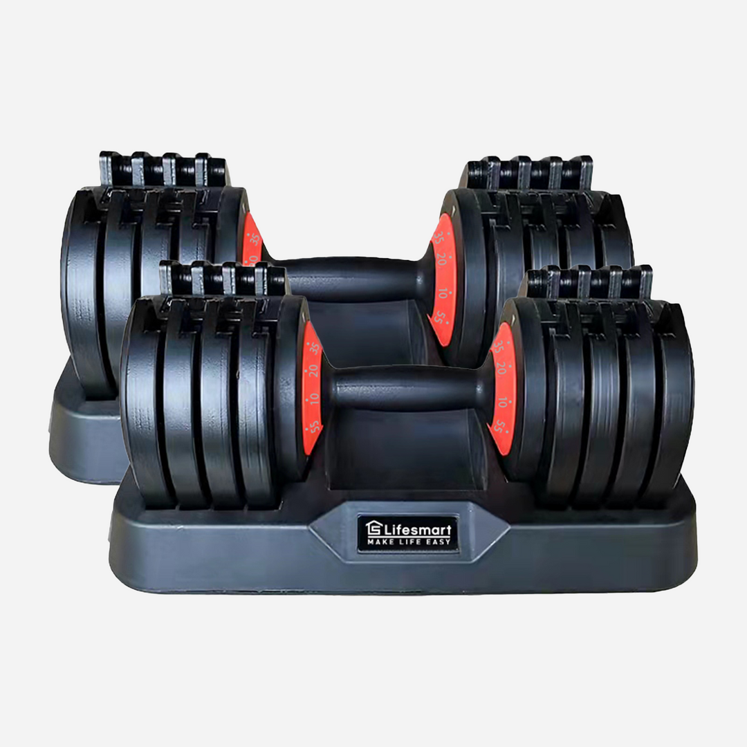 Adjustable 110 lb. dumbbell set, black in color with "Lifesmart Make Life Easy" logo on white background. 