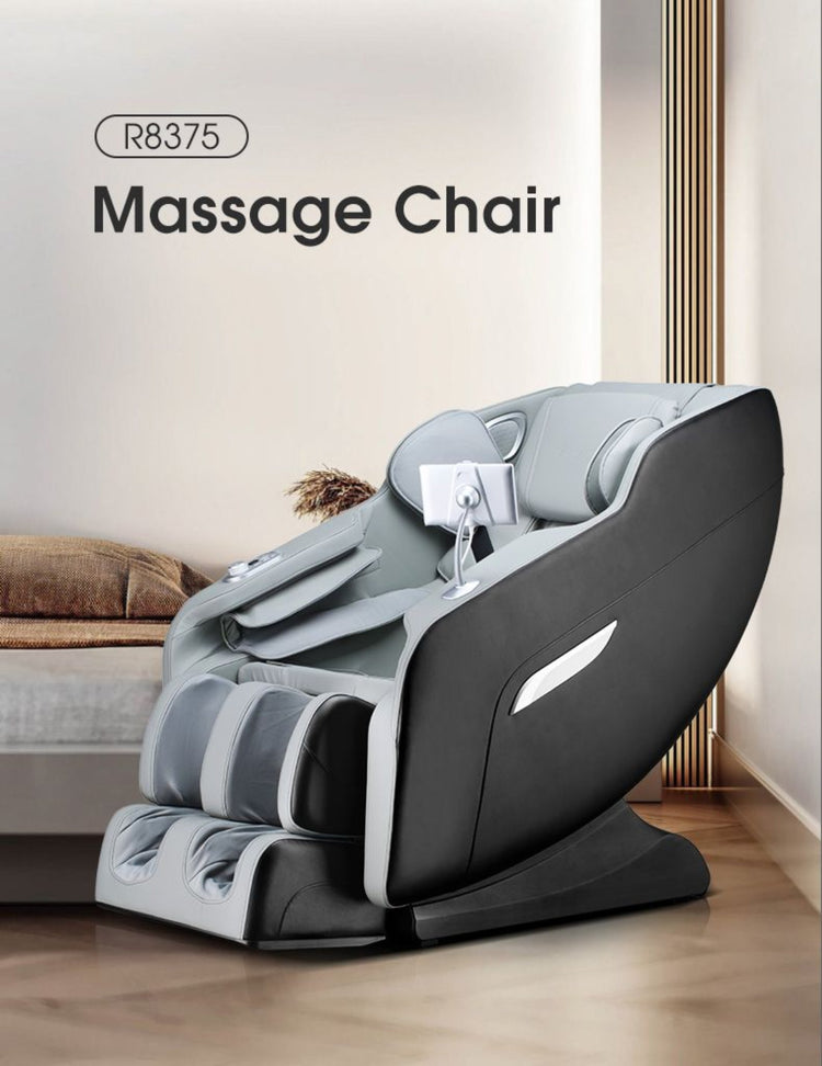 R8375 Massage Chair in the bedroom of a home, text says "R8375 Massage Chair". 