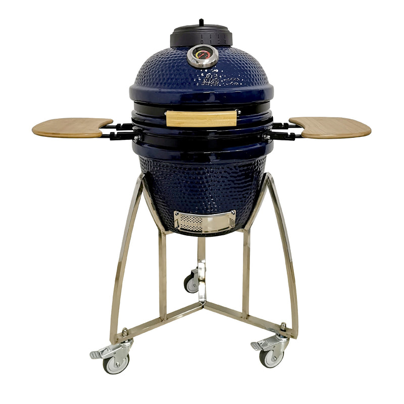 Kamado Ceramic Grill with Stainless Steel Cart in Blue