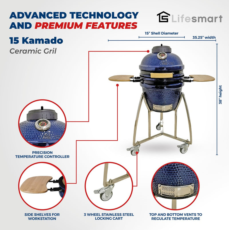 15 Kamado Ceramic Grill with Stainless Steel Cart with Free Grilling Accessories in Blue