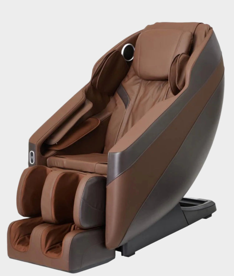 Brown R8316 2D massage chair on white background in upright position.