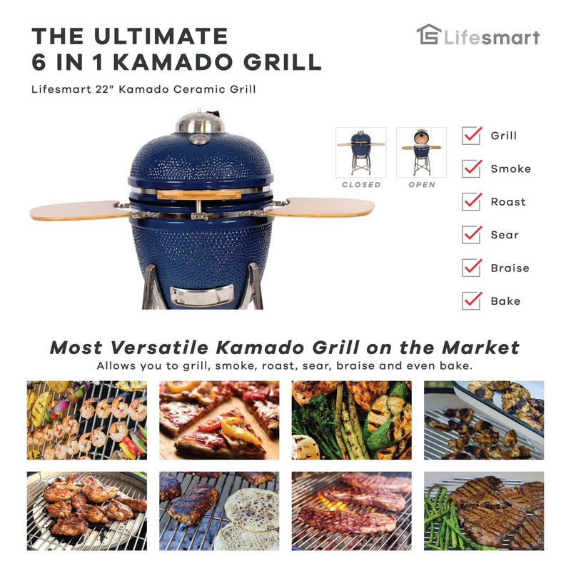 22 Inch Kamado Ceramic Grill with Free Grilling Accessories